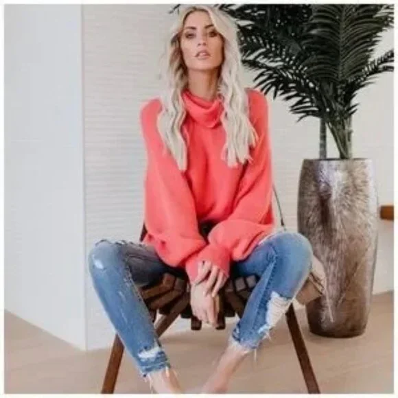 Vici Cowl Neck Balloon Sleeve Pullover Sweater S Ribbed Knit Relaxed Fit Coral - Picture 2 of 11